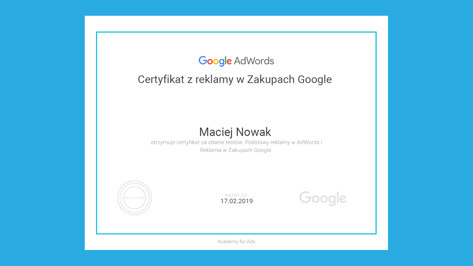 Certyfikat z reklamy w Zakupach Google